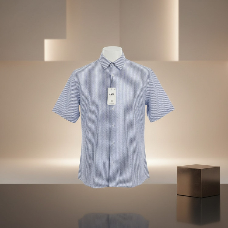 پیراهن راهراه طرح چروک قواره باکسی پشت نوشته برند ZARA
