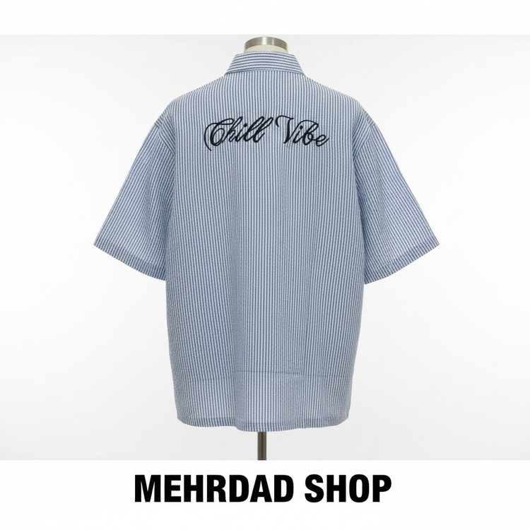 پیراهن مردانه راهراه وارداتی طرح چروک پشت نوشته و قواره باکسی برند ZARA