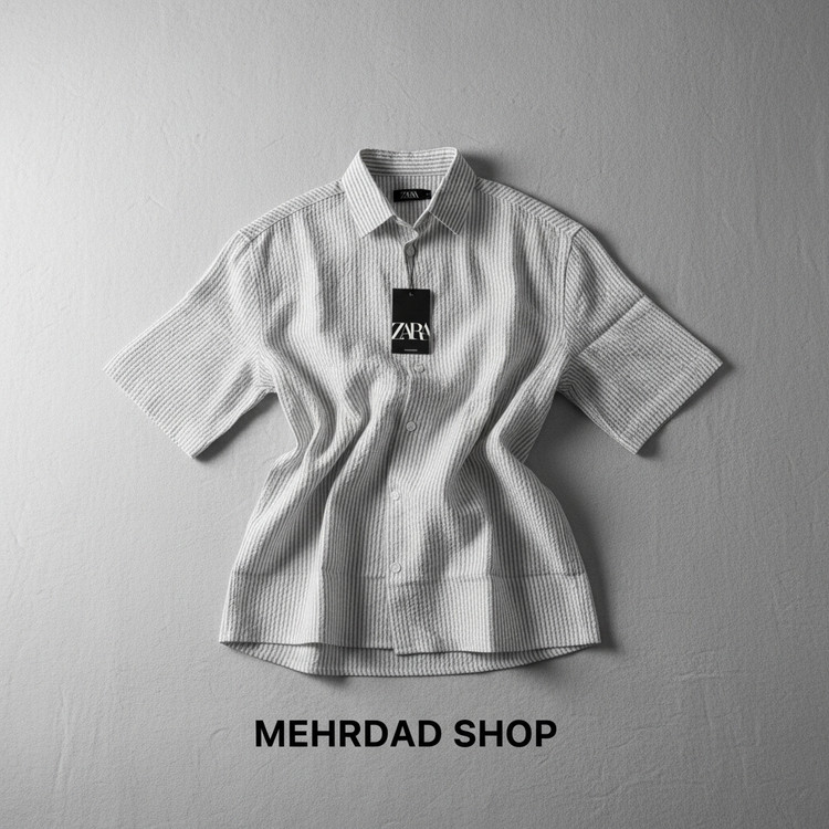 پیراهن مردانه راهراه وارداتی طرح چروک پشت نوشته و قواره باکسی برند ZARA