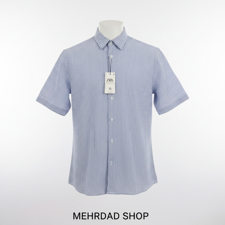 پیراهن مردانه راهراه وارداتی طرح چروک پشت نوشته و قواره باکسی برند ZARA