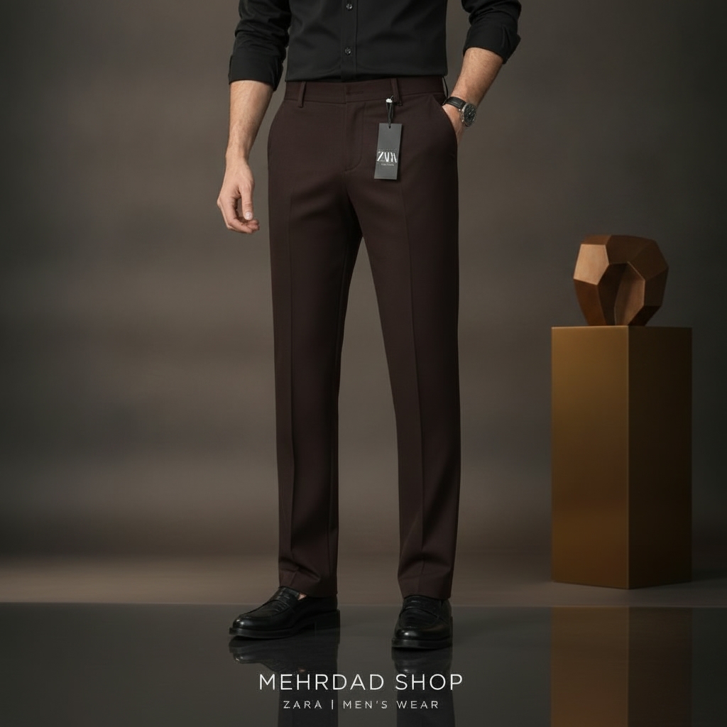 شلوار پارچه‌ای مردانه رنگ قهوه‌ای پارچه گاباردین دوبرکش برند ZARA وارداتی