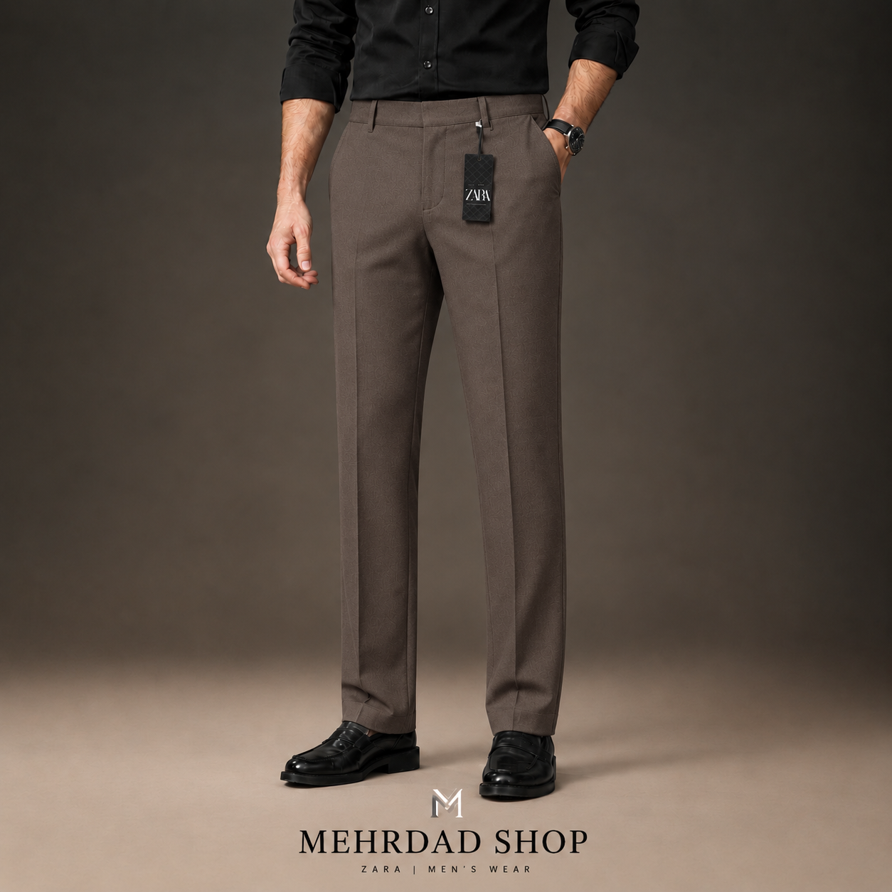 شلوار پارچه ای مردانه پارچه گاباردین دوبرکش وارداتی برند زارا رنگ قهوه‌ای