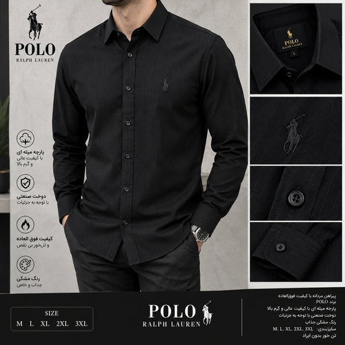 پیراهن مردانه پارچه میله ای با کیفیت عالی برند POLO رنگ مشکی